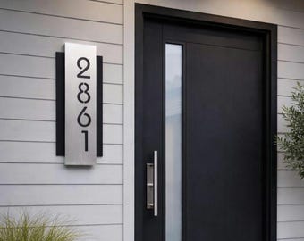 Modern Vertical Address Sign | Brushed Aluminum, Matte Black Metal Plaque