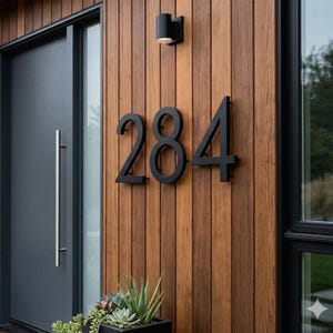 May include: Black metal house numbers '284' on a wooden exterior wall. The numbers are in a modern font. A black door and a small black light fixture are also visible.