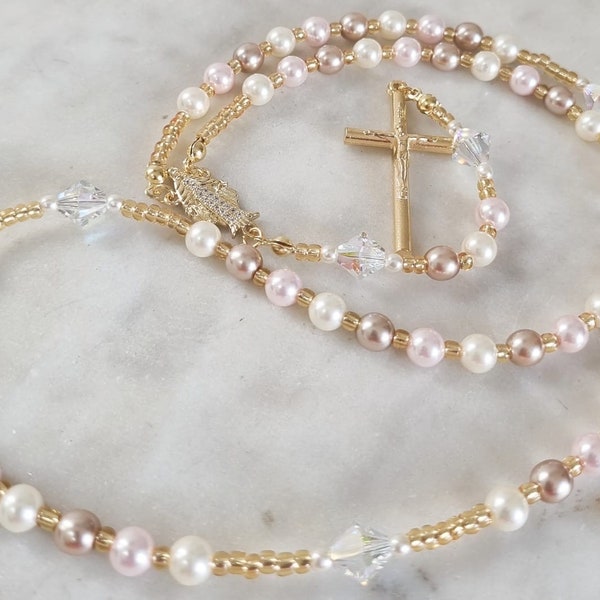 Chapelet Swarovski, perles de première communion personnalisées, perles de chapelet pour bébé, perles de chapelet de baptême, cadeau de confirmation pour elle