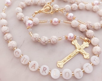 Rosario de mármol personalizado – Perlas rosas Swarovski, cuentas de nácar con nombre