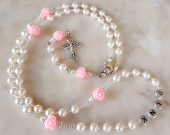 Personalized Rosary: Cream Pearls, Pink Roses, Swarovski Crystals