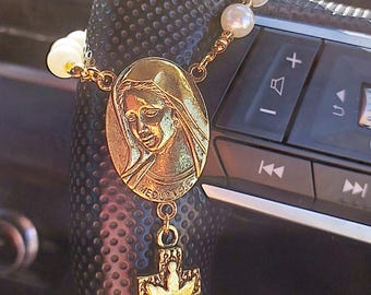 Lady of Medugorje Car Rosary - Cream Pearl Catholic Auto Charm