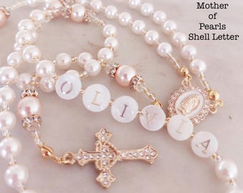 Personalised Name Rosary, multiple Pearl Colours, Mother of Pearl Letters, Baptism Gift, Catholic Keepsake