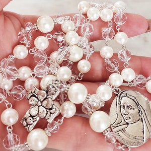 Wedding Rosary for Bride | Personalized Catholic Gift | Pearl Crystal Rosary I Name Rosary for Catholic Wedding | Gift for special occasion