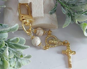 Anpassad mini-roskransnyckelring: Guld, silver, Swarovski-kristaller, nattvardsgåva