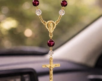 Cream Pearl Car Rosary Bracelet: Gold Cross, Catholic Gift