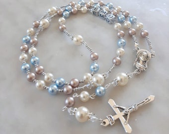 Personalized Swarovski Pearl Rosary: Christening Gift, First Communion