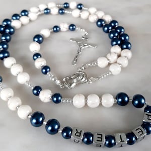 Personalized Rosary Beads: Cream Howlite & Navy Pearl, Confirmation Gift