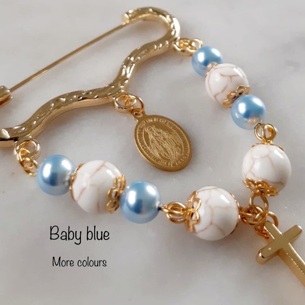 Baby Pin,Personalised for Girl or Boy,Gold Safety Pin,Religious Hanging Baby Pin,Swarovski Pearls Decorated Baby Pin