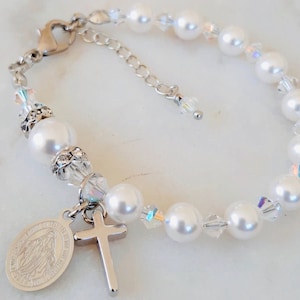 Baby Girl Baptism Rosary Bracelet,White Baptism Gift,Baby Girl Baptism- Christening Gift,New Born Keepsake,Swarovski Pearl Crystal Bracelet