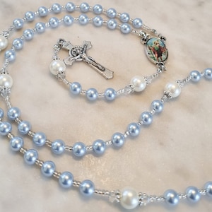 Personalized Swarovski Pearl Rosary: Blue Christening Gift
