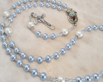 Personalisierte Swarovski Perle Rosenkranz: Blau Taufgeschenk