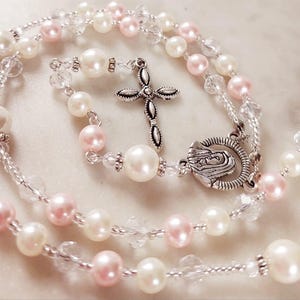 Personalized Rosary Beads: Swarovski Crystal & Pink Pearl, First Communion Gift
