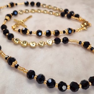 Handmade Black Crystal Rosary Beads: Personalized Catholic Necklace