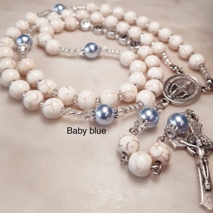 Handmade Personalized Rosary: Baby Blue Swarovski Pearls, Christening Gift