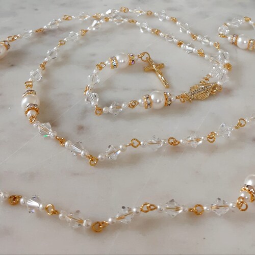 Bridal Gold Rosary,Personalised Swarovski Rosary,Rosary Bead For Bride,Pearl Long shops Rosary,Wedding Rosary,Bridal Rosary