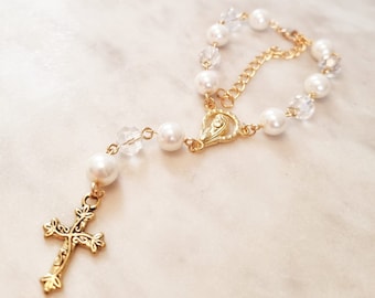 Car Rosary,Personalised Catholic Bracelet Cream Hanging Rosary Beads,Car Rosary Bracelet, Girlfriend Boyfriend Gift,Gift for Her or Him