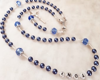 Personalised Rosary Beads in Night Blue,Confirmation Rosary,First Communion Rosary Beads,Baby or Boy Keepsake,Catholic Rosary Gift