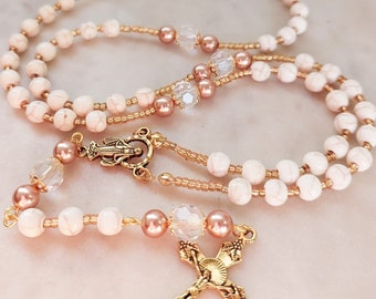 Handmade Personalized Rosary: Cream Howlite, Swarovski Pearls, Christening Gift