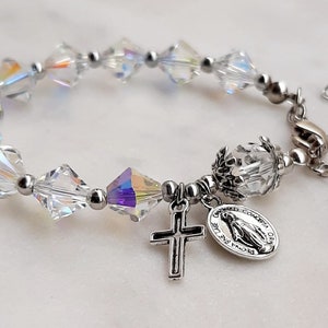 Silver Miraculous Medal Rosary Bracelet,Personalised Rosary Bracelet,Swarovski Rosary Bracelet,Women Rosary Bracelet,Bridal Rosary Bracelet