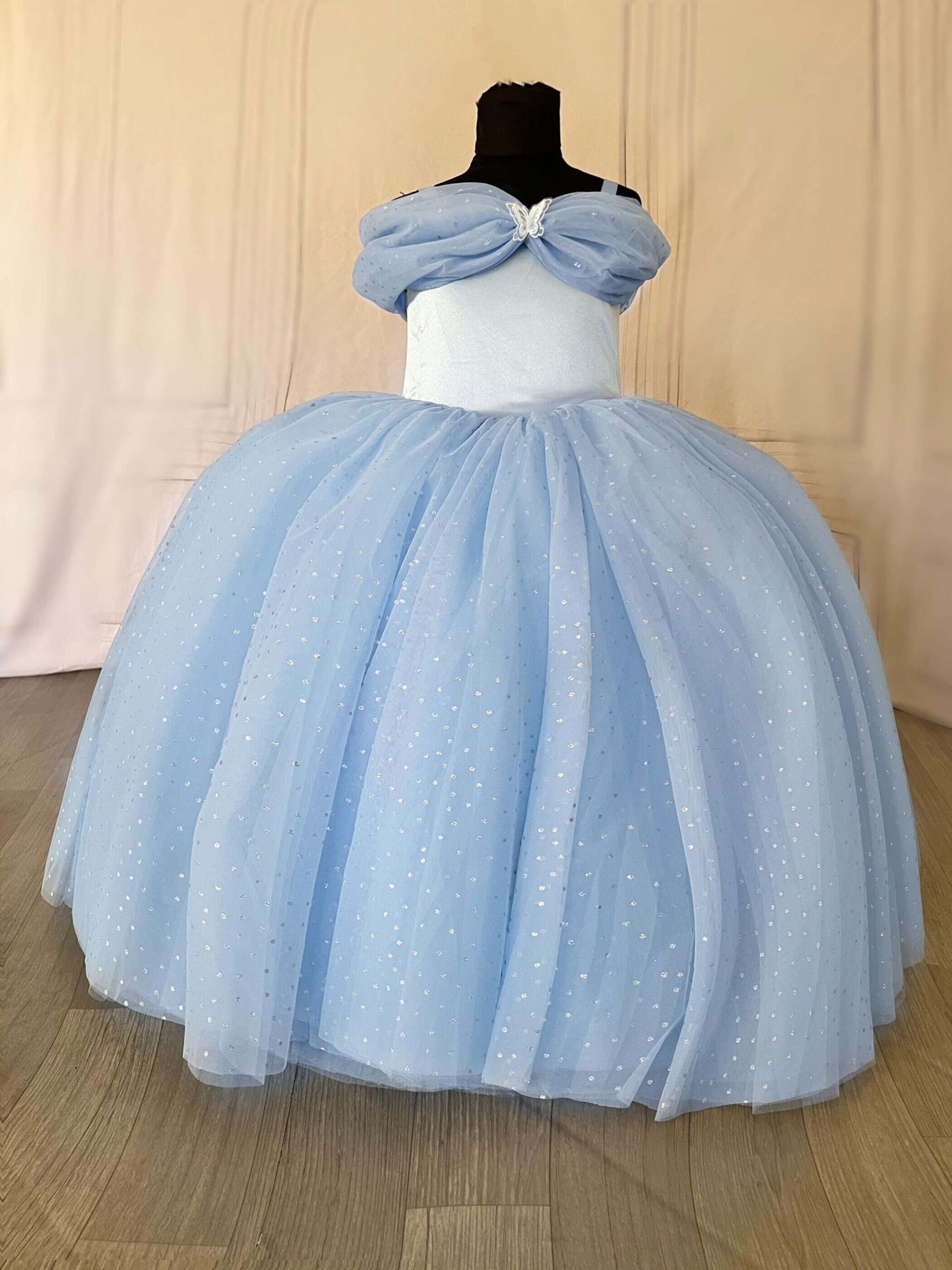 Blue Embroidered Cascade Gown For 6 M - 12 Years Girls