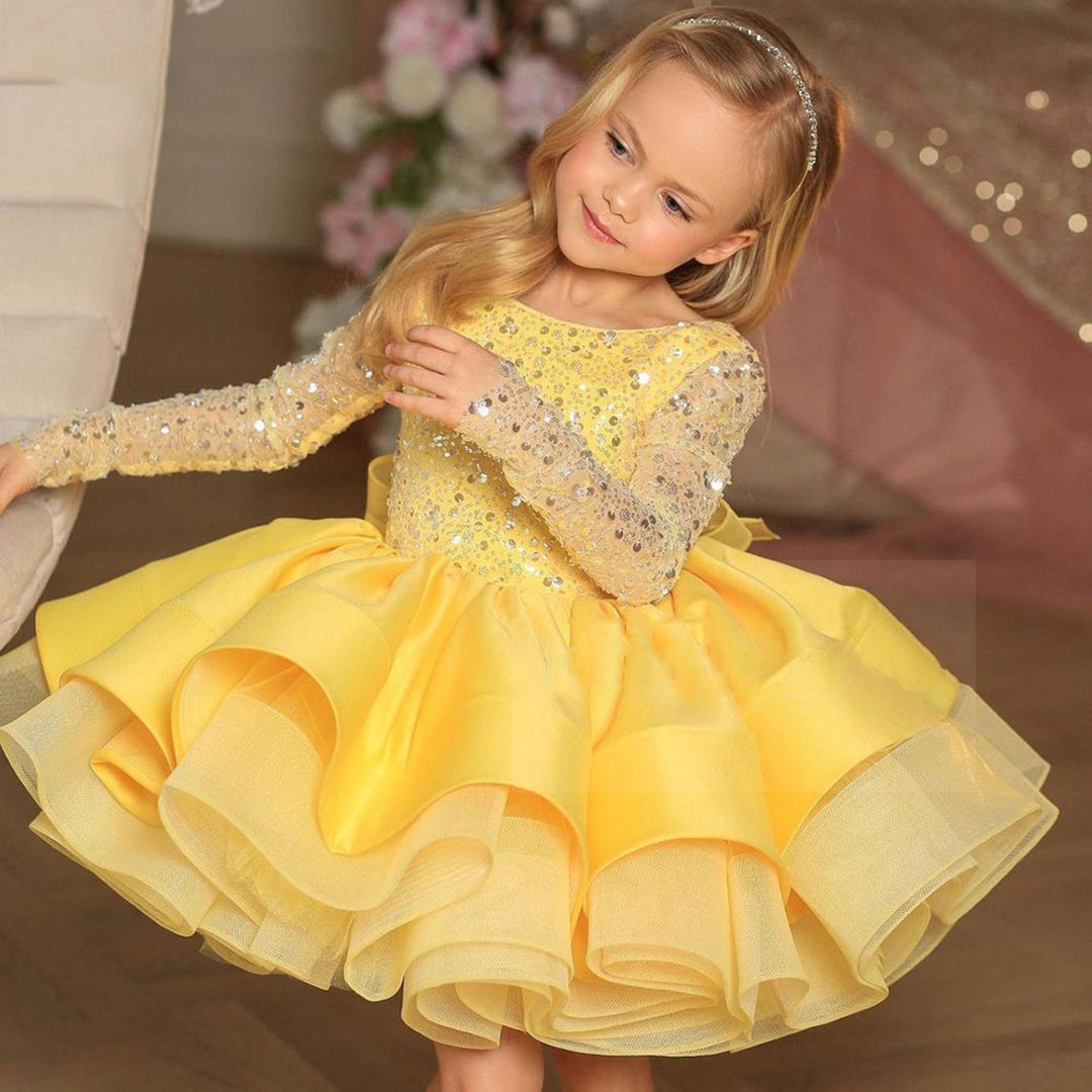 Little Girls Formal Dresses | Yellow Ruffle Tulle Belted Party Dress – Mia  Belle Girls