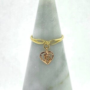 14k Yellow Gold 15 Birthday Ring Quince Rose Gold Heart Charm Women Thin Band Size 5 - 9