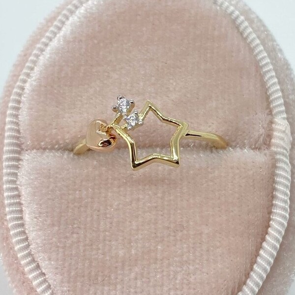 14k Yellow Rose Gold Star Ring Pink Heart CZ Women Thin Band Size 5 - 9