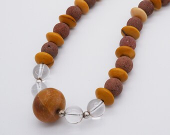 Elegant brown lava and coral necklace with magnetic clasp gemstone jewelry Gemstone necklace long necklace