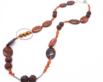 Elegant brown lava and coral necklace with magnetic clasp gemstone jewelry Gemstone necklace long necklace