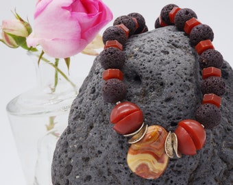 Lava carnelian agate necklace, long gemstone necklace, gemstone jewelry, necklace with large beads