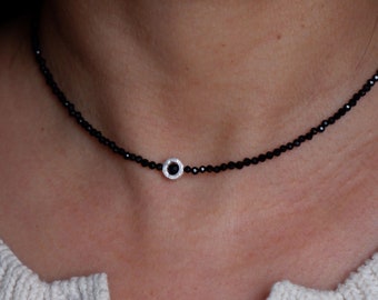 beaded necklace, Spinell Kette, Choker, Collier, Zierliche Kette aus schwarzem Spinell mit 925 Silber Perlenrahmen, Verlängerung