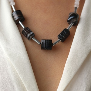 Gemstone bead necklace, unique necklace made of sardonyx onyx hematite and jade, handmade unique necklace, #53