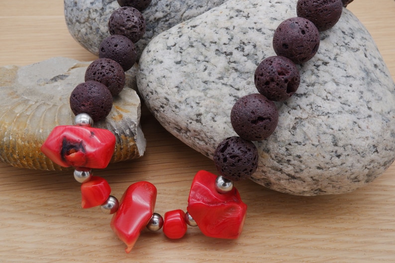 Elegant brown lava and coral necklace with magnetic clasp gemstone jewelry Gemstone necklace long necklace