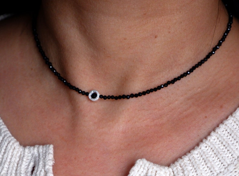 Collier de perles, collier de spinelle, tour de cou, collier, collier délicat en spinelle noire avec cadre en perles d'argent 925 image 7
