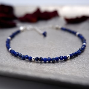 Delicate gemstone bracelet, faceted lapis lazuli, 2 mm gemstone bead bracelet, thin stacking bracelet