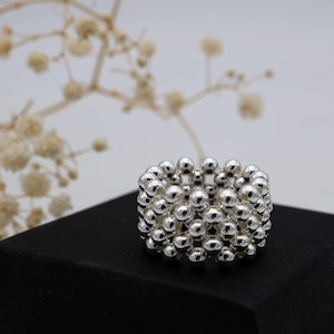 5 rows 925 sterling silver ring, small silver bead ring, 2 mm 2.5 mm 3 mm silver ball elastic bead ring, wide ring, peyote