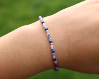Elastisches Edelsteinarmband, FREUNDSCHAFT Glücksarmband, Schutzarmband, Lapislazuli Tansanit Lepidolith, facettiert 3mm Edelstein