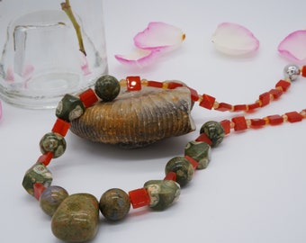Necklace made of tumbled stone rhyolite and carnelian slices, long gemstone necklace, gemstone jewelry