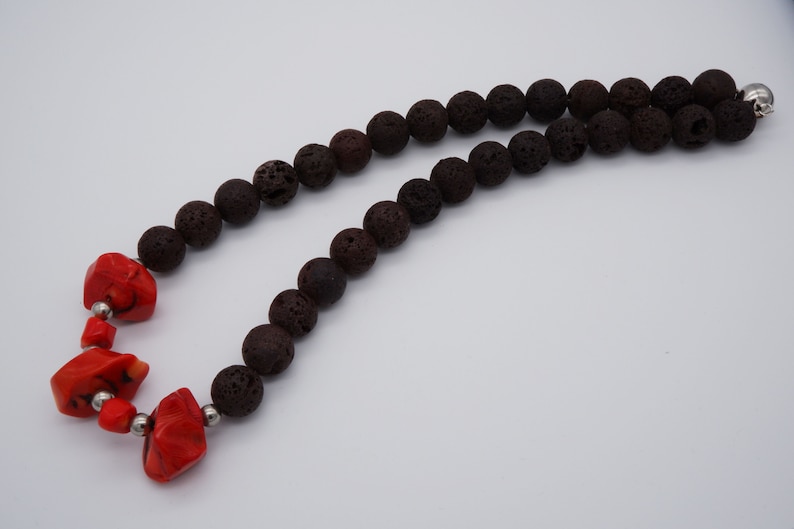 Elegant brown lava and coral necklace with magnetic clasp gemstone jewelry Gemstone necklace long necklace