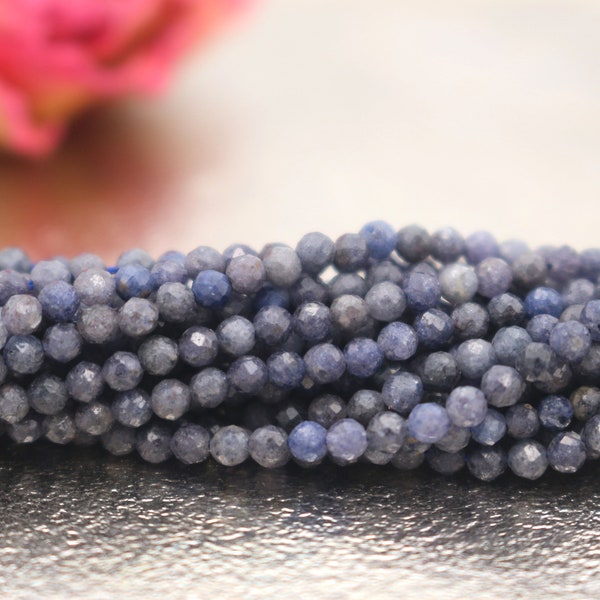 2mm 3mm Natural Blue Sapphire Gemstone Strand, Faceted Round Gemstone Beads, DIY Jewelry Making