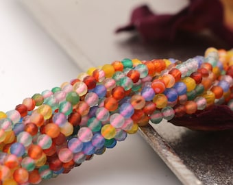 Fil de perles d'agate colorée arc-en-ciel naturel de 3 mm, pierre précieuse ronde à facettes AAA, fabrication de bijoux à faire soi-même, D20