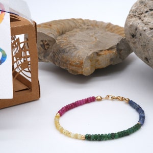 Può includere: Un braccialetto multi-colorato con perline e chiusura dorata. Il braccialetto presenta perline rosse, gialle, verdi e blu.