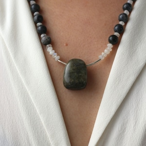 Moonstone/Labradorite necklace with large tumbled labradorite pendant, gemstone necklace, gemstone jewelry, #91