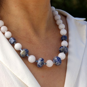 Gemstone bead necklace, unique necklace made of sodalite and white jade, handmade unique necklace, #73