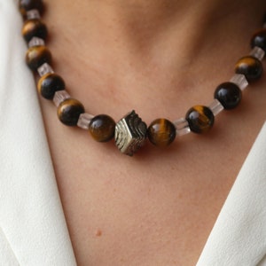 Elegant tiger eye rock crystal necklace with silver pendant, gemstone necklace, gemstone jewelry, #86