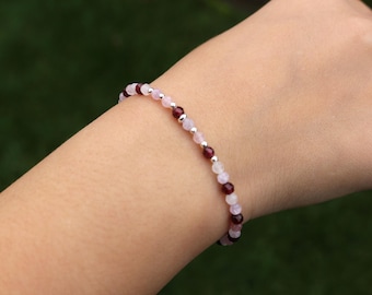 Elastic gemstone bracelet, stretch bracelet, LOVE lucky bracelet, protection bracelet, rose quartz kunzite garnet, faceted 3 mm gemstone