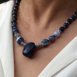 Various Dumortierite/Hematite stones and Sodalite pendant, long gemstone necklace, gemstone jewelry, #88