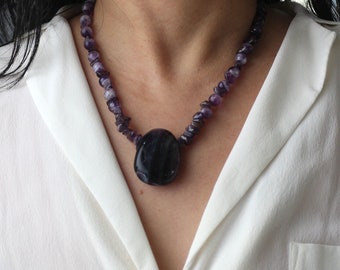 long gemstone necklace, amethyst necklace, gemstone jewelry, amethyst necklace, birthstone February