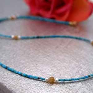 Tiny turquoise pearl necklace, dainty necklace, delicate thin necklace made of turquoise, freshwater pearls and rutilated quartz